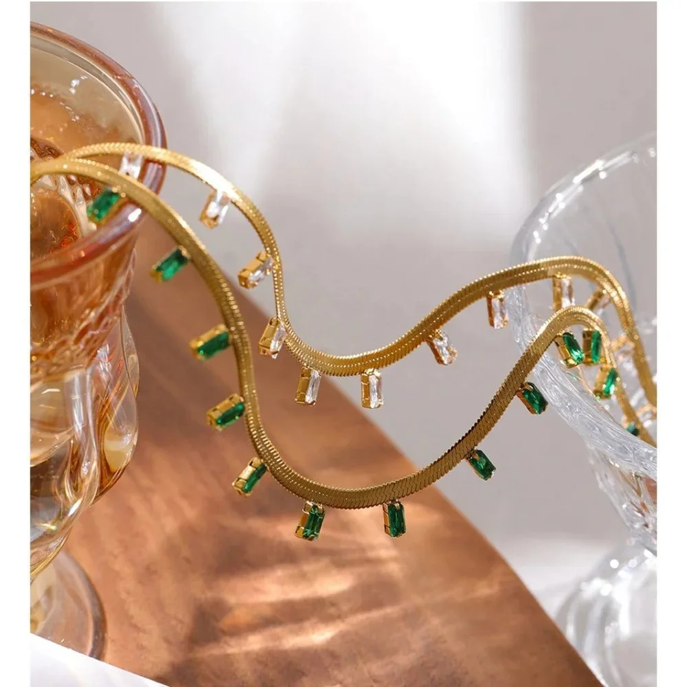 NEW 18K Gold Plated Green Baguette Stone Flat Herringbone Necklace